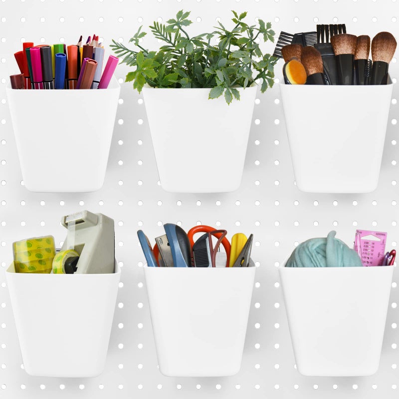 G.CORE Large Pegboard Cups Peg Board Storage Bin 6 Pack with Hooks  Square Box Shape Pegboard Cup Holder Accessories for Garage Workbench/Craft Room/Office/Playroom/Home Kitchen Organization (White) - Image 1